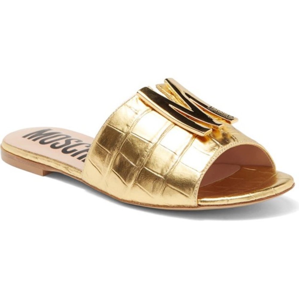✨ NWT Moschino Gold Croc Embossed M Logo Slide Sandals EU 37 🇮🇹 - Picture 5 of 16
